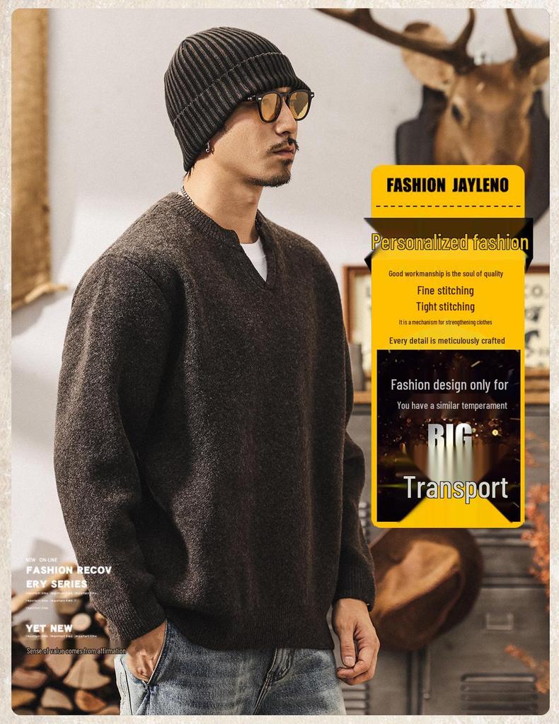 Men's Retro V-neck Wool Sweater: Winter Warmth and Plush Feel