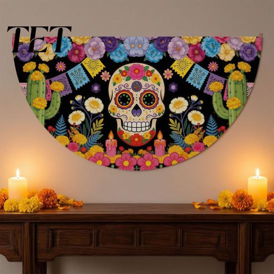 Colorful Cemetery Memorial Flag Day of The Dead Skull Bunting Banner, Marigold Print Fiesta Hanging Flag, Sugar Outdoor Yard Party Decor Floral