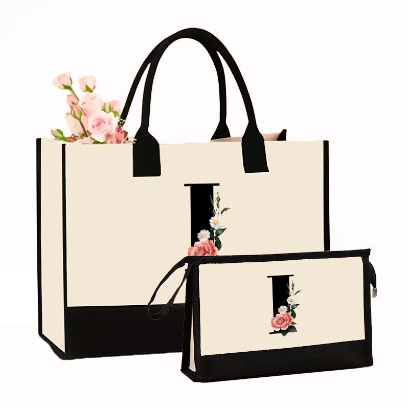 Canvas Shoulder Bag Makeup Set with Color Block Print & Portable Zipper Clutch