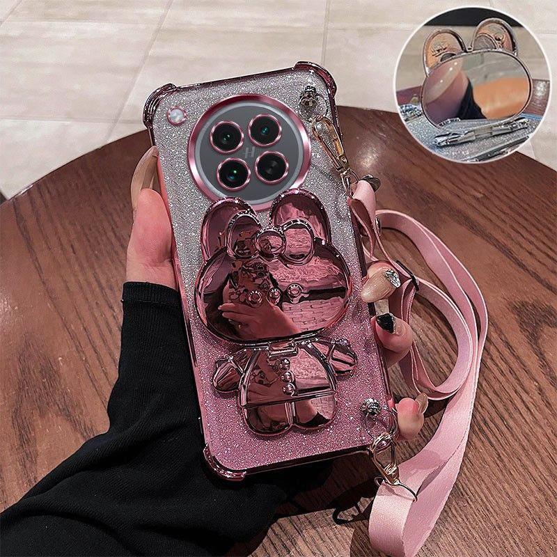 Crossbody Lanyard Shockproof Plating Case For Huawei Nova 13 Pro 12 12S 11 10 9 8 7 6 5 Pro Mirror Rabbit Stand Silicone Cover