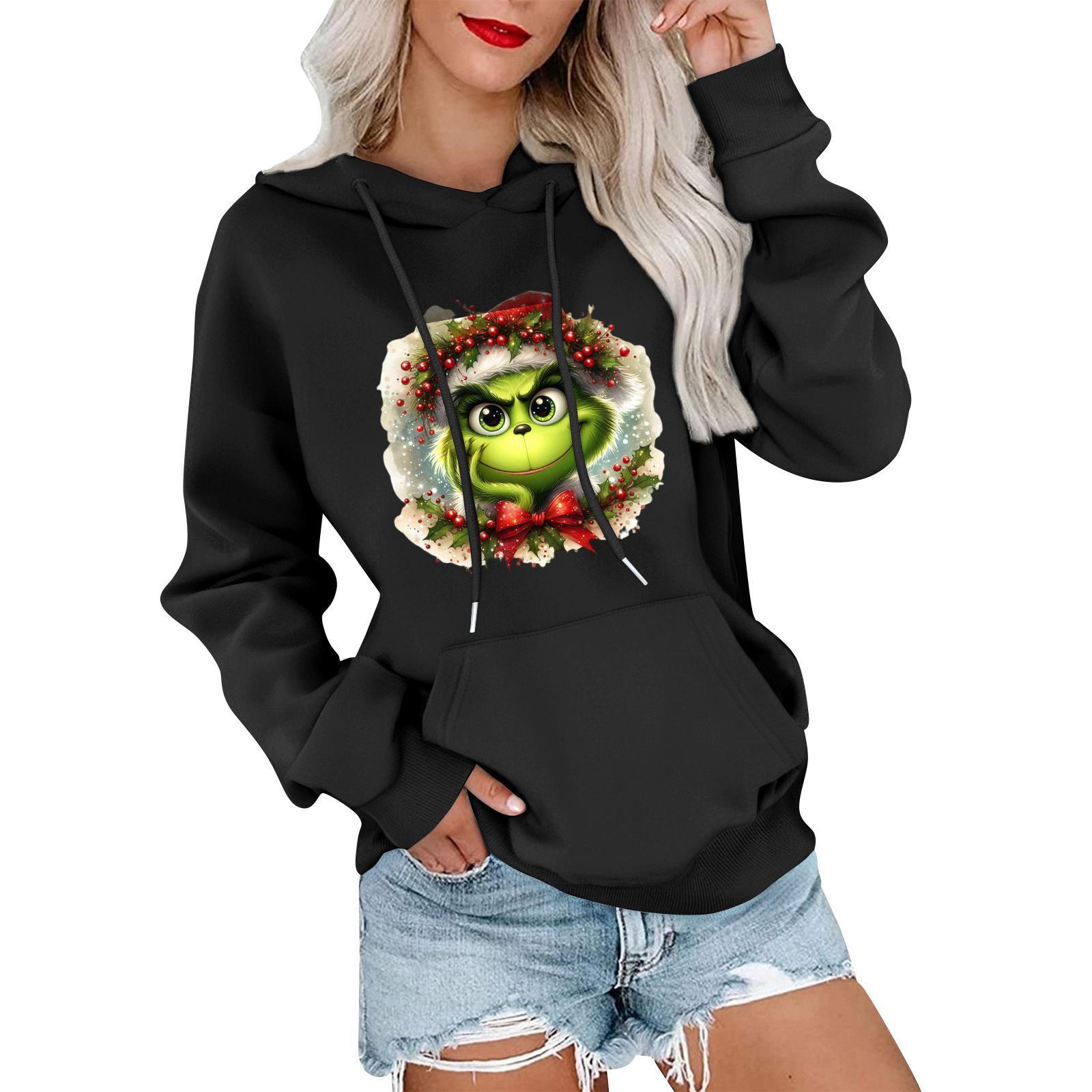 

Женский повседневный удобный свитшот с капюшоном, длинным рукавом и рождественским принтом L чёрный