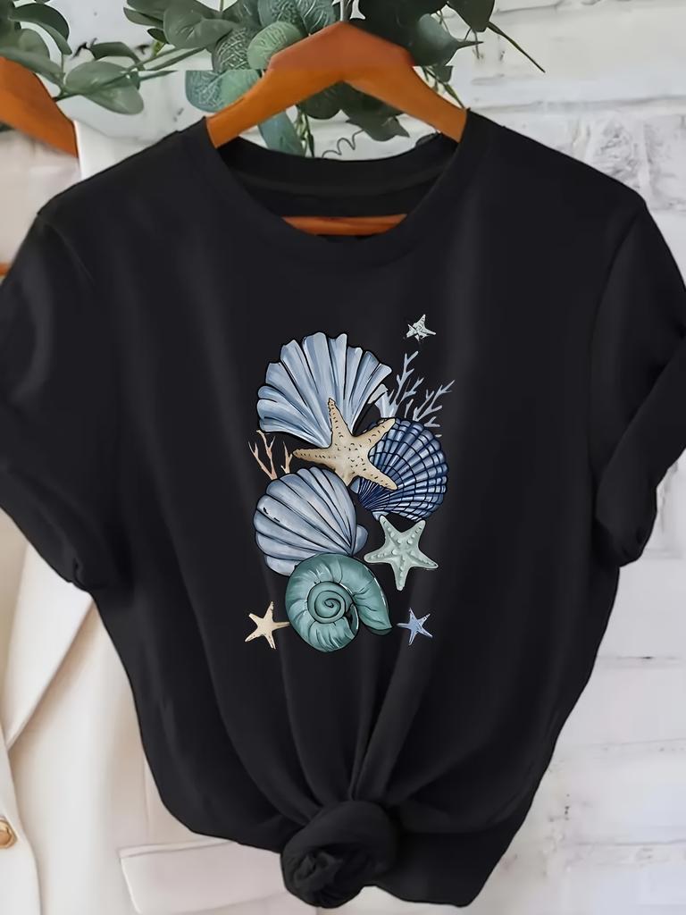 Women's Casual Short Sleeve with Seashell Starfish Graphic Pntri Harajuku Short Sleeve Casual Women's T-shirt Summer Clothing