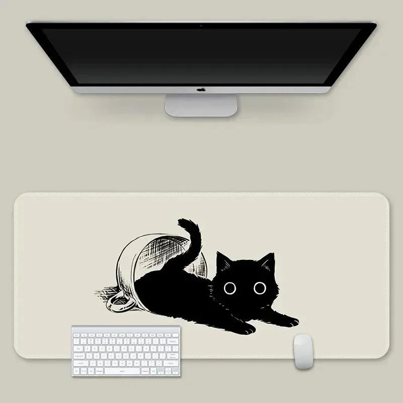 Kawaii Black Cat Sketch  Mouse Pad Anime Gaming Desk Mat Nonslip Rubber for Home Office