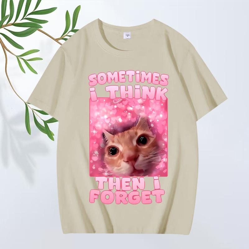 Sometimes I Think Then I Forget Funny Cat Meme T Shirt Men ’s Women Oversized 100% Cotton Short Sleeve Summer Print Unisextops