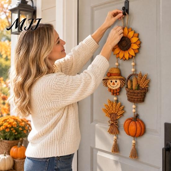 Harvest Atmosphere Wall Hanging Autumn Wooden Sign, Rustic Farmhouse Door Sign with Tassels and Wood Beads, Seasonal Indoor Outdoor Fall Porch
