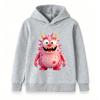 Kids Pink Fuzzy Monster Print Pullover Hoodie, Unisex Boys Girls Cute Cartoon Horned Monster Long Sleeve Casual Warm Hooded Sweatshirt for Daily Wear
