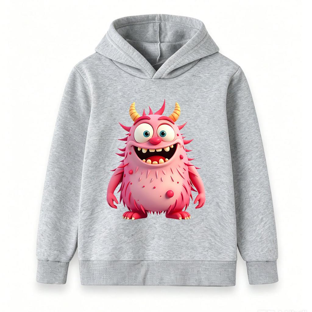 Kids Pink Fuzzy Monster Print Pullover Hoodie, Unisex Boys Girls Cute Cartoon Horned Monster Long Sleeve Casual Warm Hooded Sweatshirt for Daily Wear