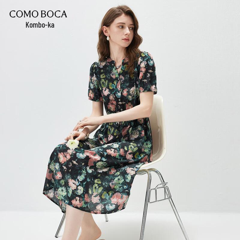 Kemeng Boka Women s Mulberry Silk Blend Floral Puff Sleeve Dress S