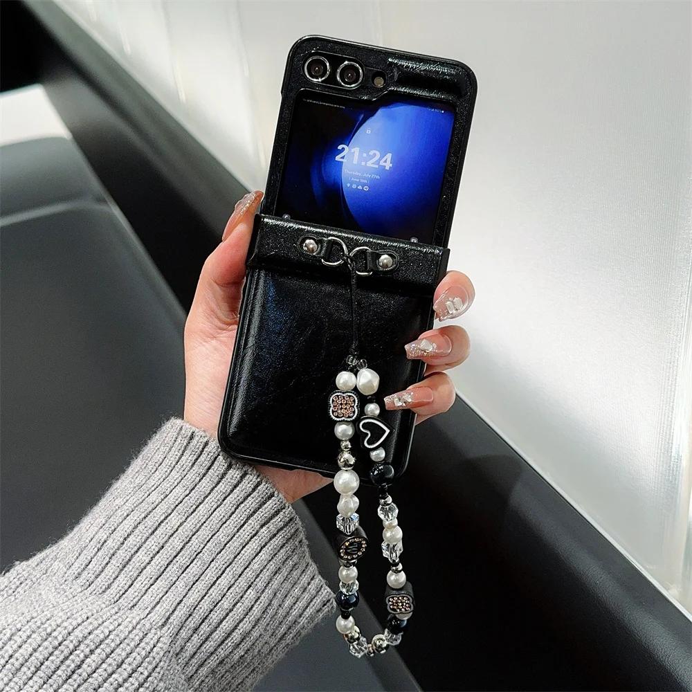 Bead Chain Wrist Strap Phone Case for Samsung Galaxy Z Flip 6 5 4 3 Flip5 Flip4 Flip3 5G Protective Shockproof PU Leather Cover