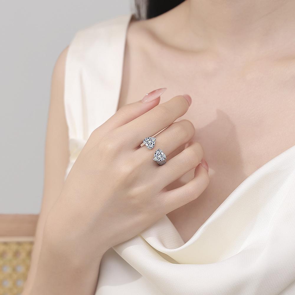 925 Sterling Silver Fashion Simple Double Love Zircon Opening Ring Birthday Party Anniversary Gift