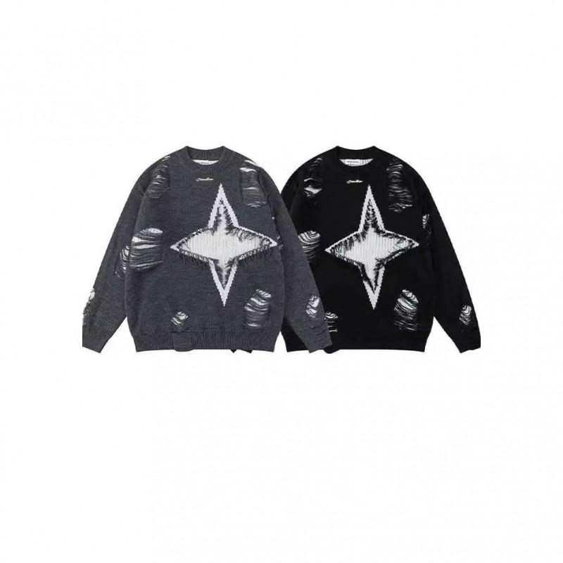 Streetwear Ripped Crewneck Sweater Unisex Loose Fit Hip Hop Knit Top Fall