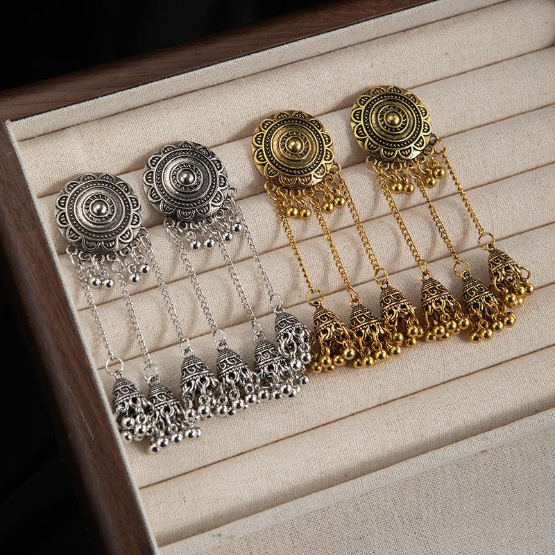 Bohemian Long Chain Fringed Earrings Retro Ethnic Style Ancient Gold And Silver Earrings Earrings Bird Cage Bell Earrings