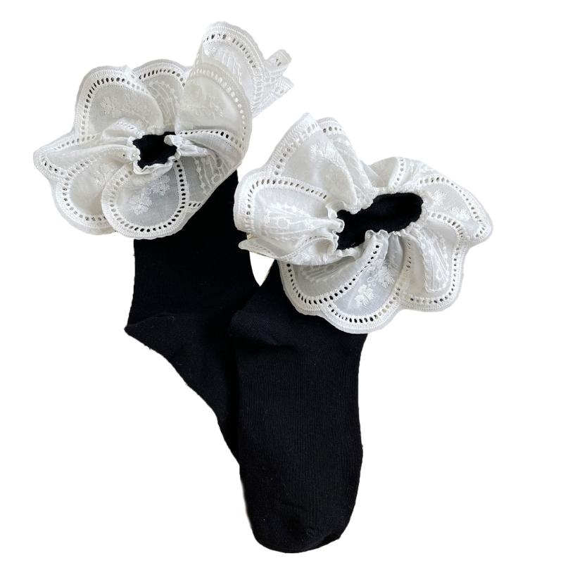 Women s Embroidered Lace Cotton Ankle Socks Soft Breathable Students Crew Socks With Fashionable Ruffle Frilly Design чёрный