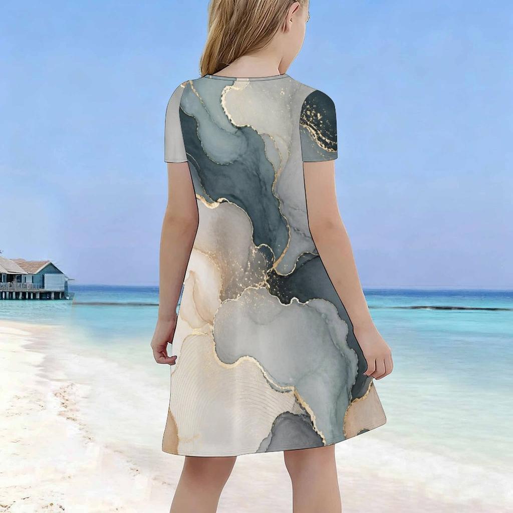 Girls Round Neck Short Sleeve Abstract Marble Printed A Line Flared Dress