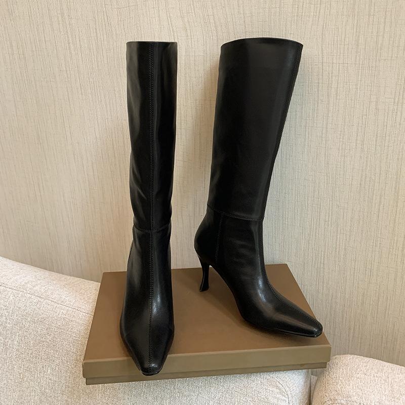 

2025 autumn and winter full cowhide but knee boots thin heel pointed knight boots autumn and winter new high heel one pedal boots 34