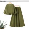ZANZEA Women Summer Round Neck Long Sleeve Tie Blouse A-Line Skirt Sets