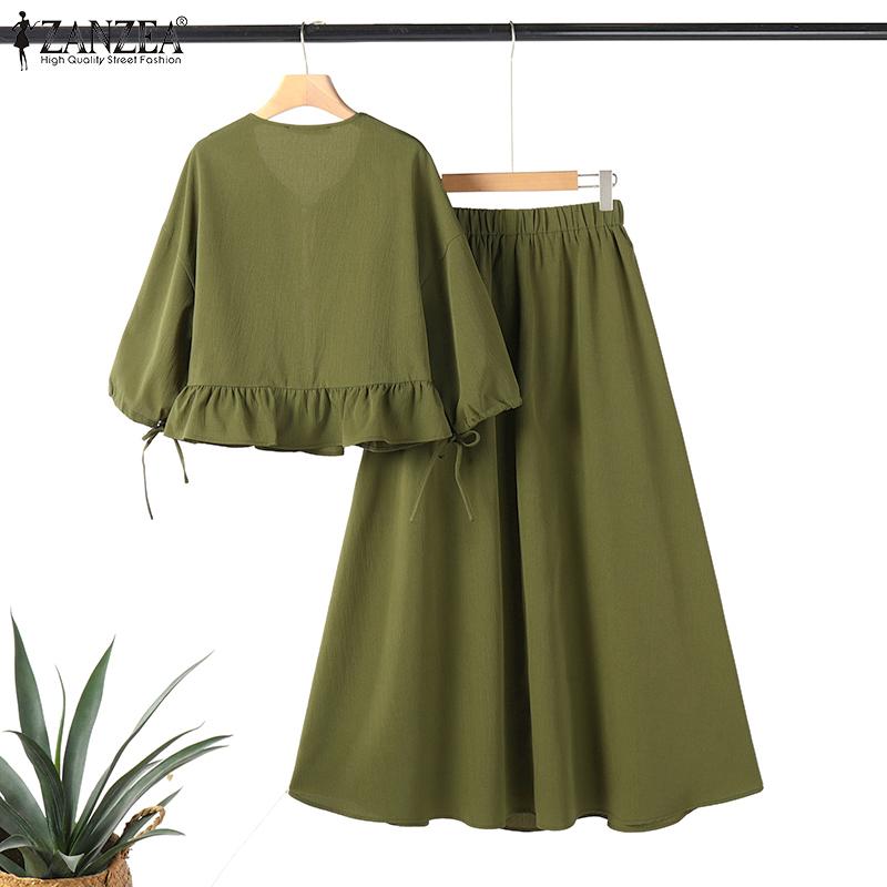 ZANZEA Women Summer Round Neck Long Sleeve Tie Blouse A-Line Skirt Sets