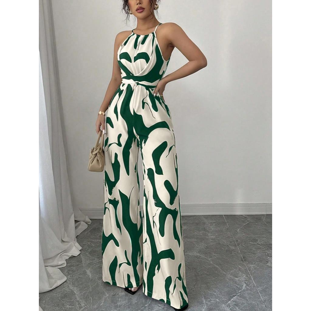 Women's Halter Neck Sleeveless Printed High Waist Wide Leg Jumpsuit Casual Summer Romper