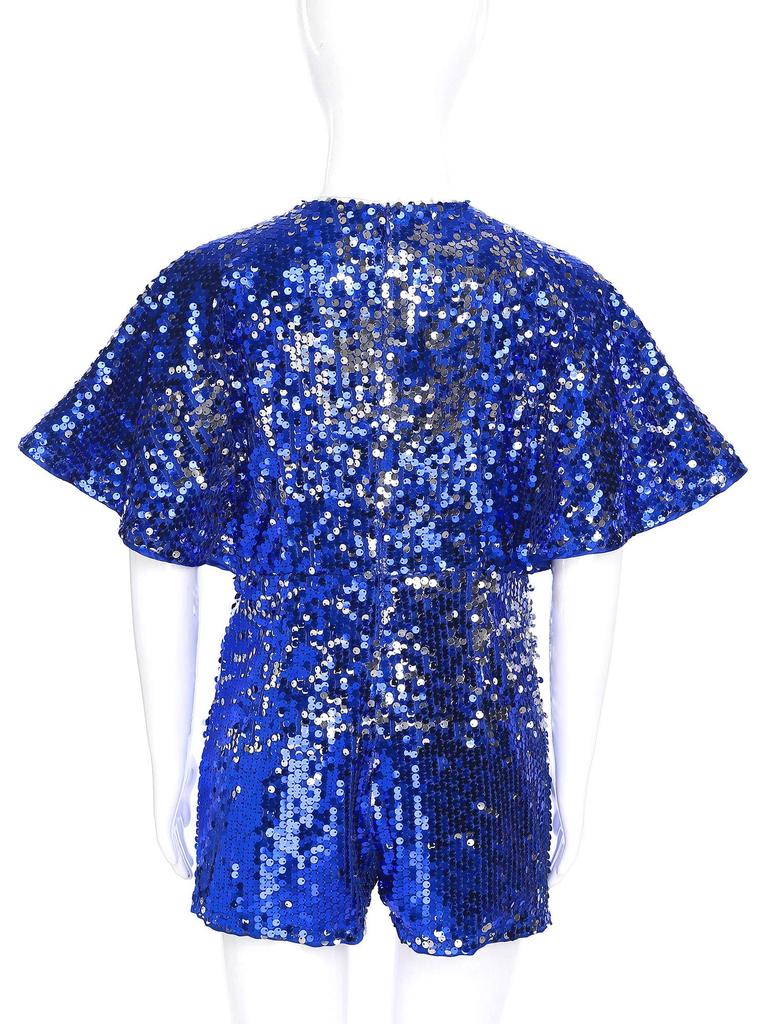 Complete Party-Ready Jumpsuit for Girls: Sparkling Sequins V-Neck Cap Sleeve Bodysuit, Perfect for Photos & Special Events
