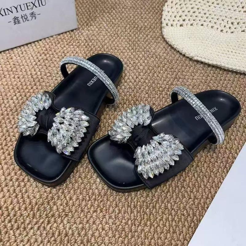 Summer New Rhinestone Bow Outside Wear Half Slip Women's Fashion Square Toe Open Toe Platform Soft Slip Flats