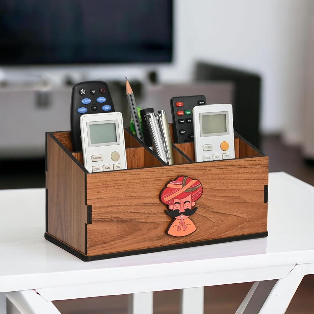Remote Stand with 5 Sections  Wooden Remote Holder for Living Room, TV, and AC Stationary Organizer 5 in 1Ideal for Home and Office (Brown Rajasthan)
