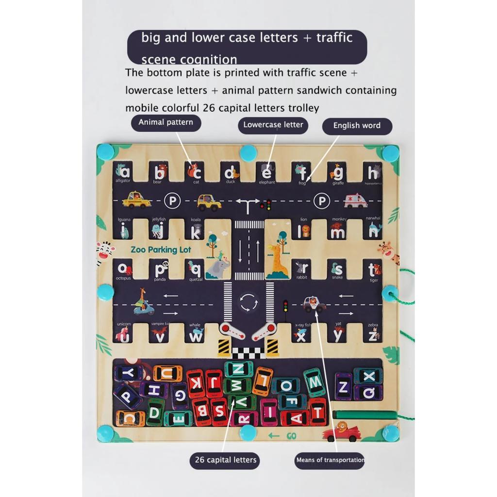 Children Magnetic English Letters Find Car Parking  Maze Learning Education Toys Color Matching Montessori Toys Wooden Toys