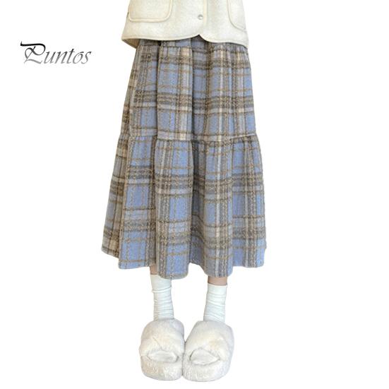 

Юбка шерстяная с высокой талией, женская клетчатая юбка с оборками и строчкой, юбка-трапеция, осенне-зимняя шерстяная юбка на каждый день M синий