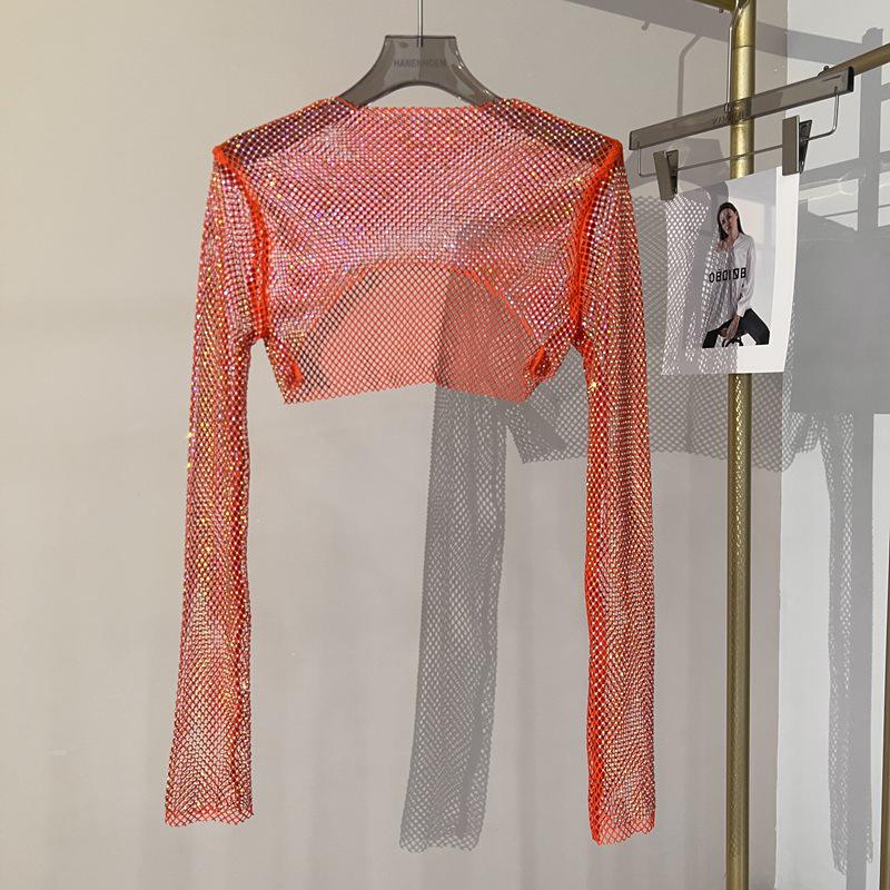 Sparkling Mesh Diamond Sun Protection Long Sleeve Party Top
