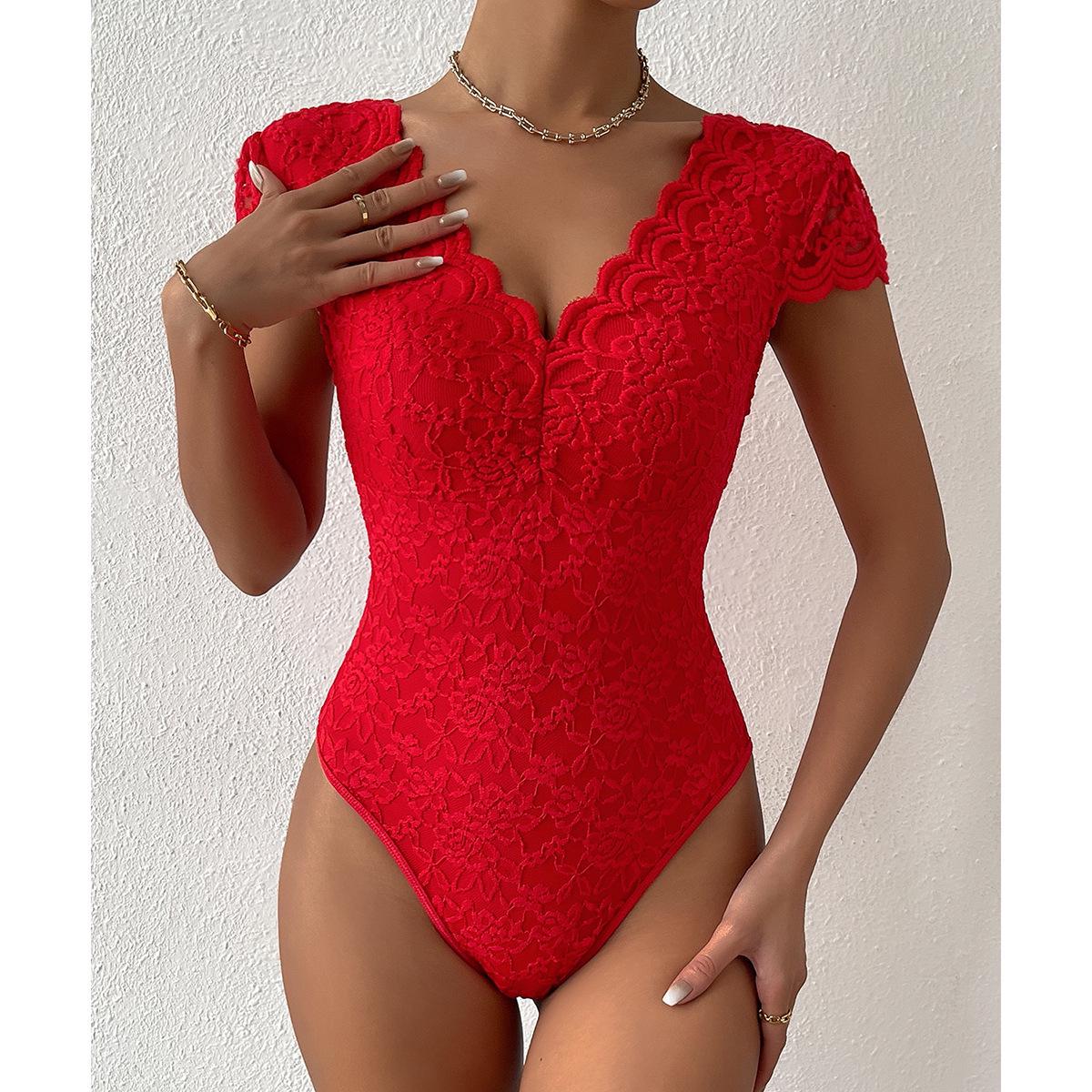 

2026 Summer European & American Solid Lace Trim See-Through Deep V Backless Bodysuit Medium червоний