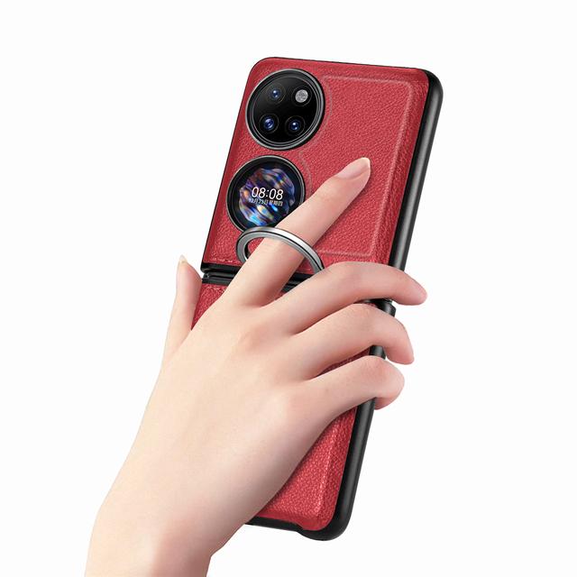 

Тонкий простой кожаный матовый чехол для Huawei P50, карманный противоударный складной чехол с защитой от падения, с кольцом на палец for P50 Pocket красный
