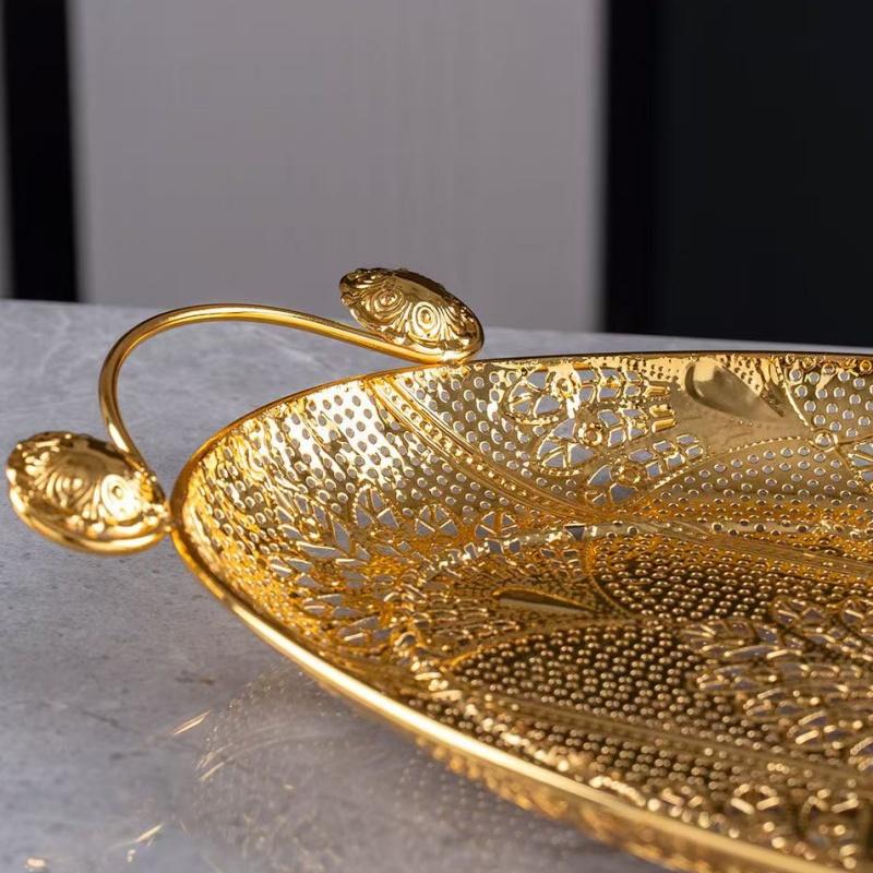European Fruit Tray, Household Metal Hollowed-out Shape Exquisite Handle Cake Plate,Gold Snack Plate Wedding Decoration,20inch
