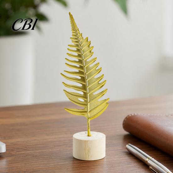 Stable Base Feather Decor Gold Leaf/Feather Ornaments with Weighted Round Base, Metal 3D Three-Dimensional Leaf Pattern Desktop for Home Office