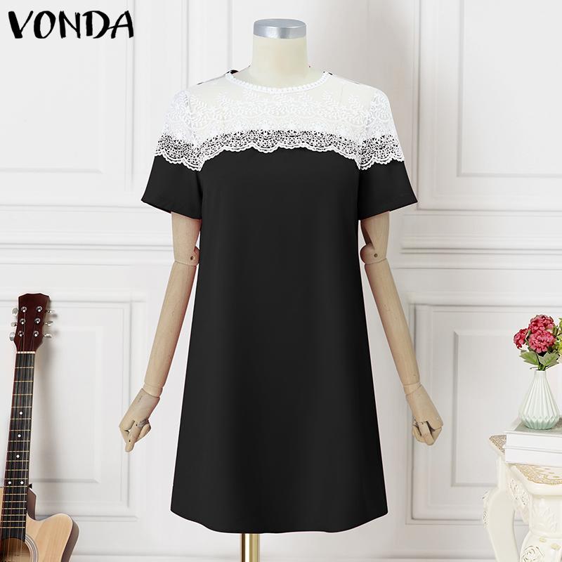 VONDA Summer Women Round Neck Long Sleeve Lace Patchwork Straight Mini Dress
