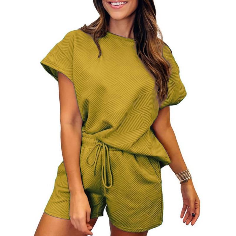 

Женские модные повседневные летние весенние однотонные принты с коротким рукавом и круглым вырезом брюки костюмы XXL жёлтый