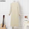 VONDA Summer Women Round Neck Long Sleeve Floral Patchwork Pleated Long Dress