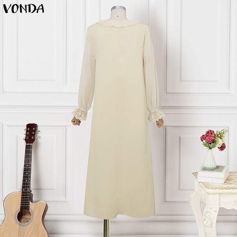 VONDA Summer Women Round Neck Long Sleeve Floral Patchwork Pleated Long Dress