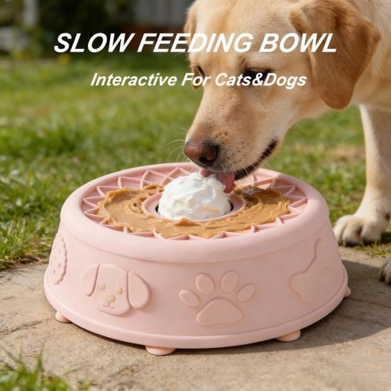 Pet Lick Bowl for Liquid Treat Slow Feeder Dog Bowl with Rolling Ball Silicone Anti-Slip Dog Lick Bowl Pup Licking Toy for Thick Food Dogs Cats