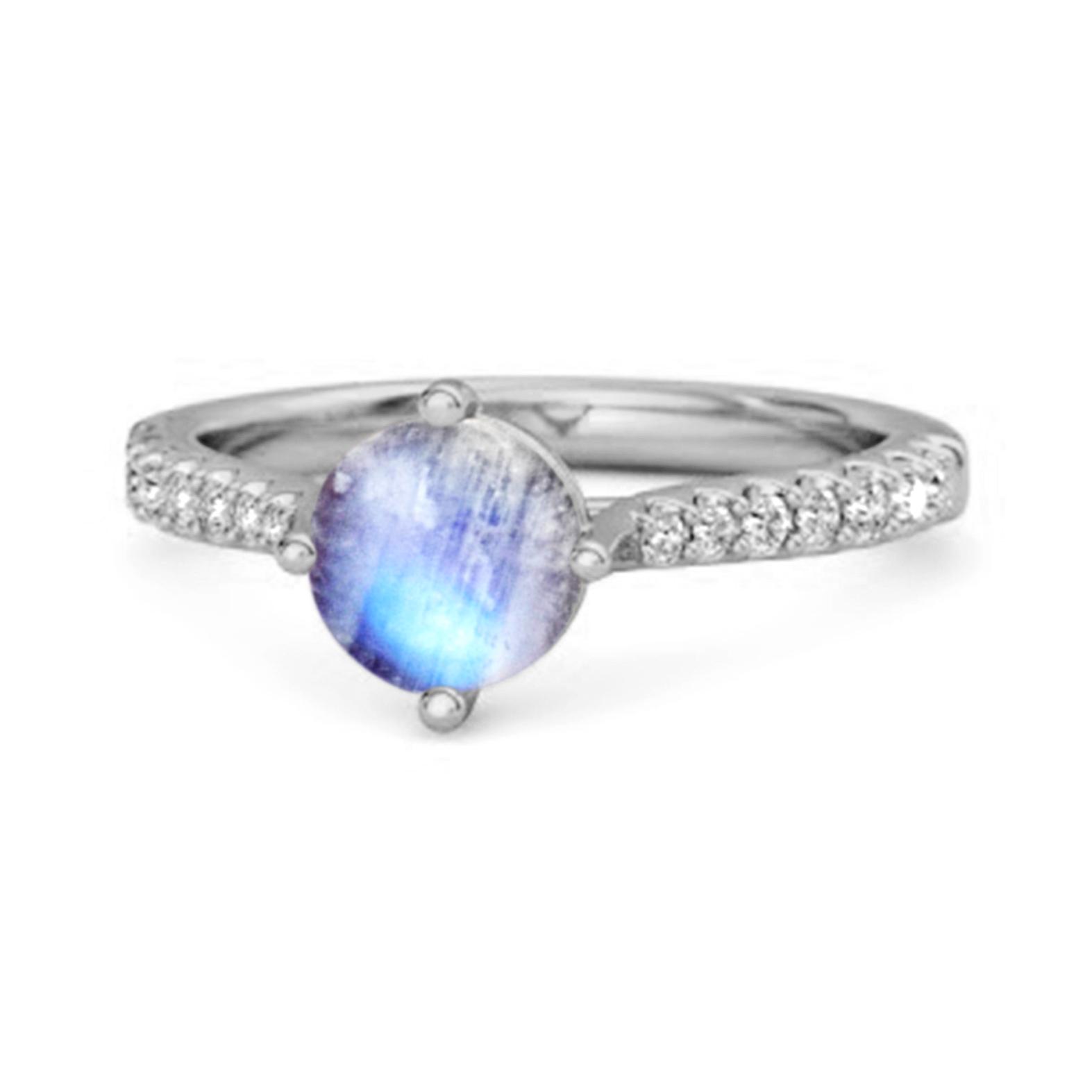 Moonstone Classic Pave Solitaire Ring - 925 Sterling Silver 12 белого золота