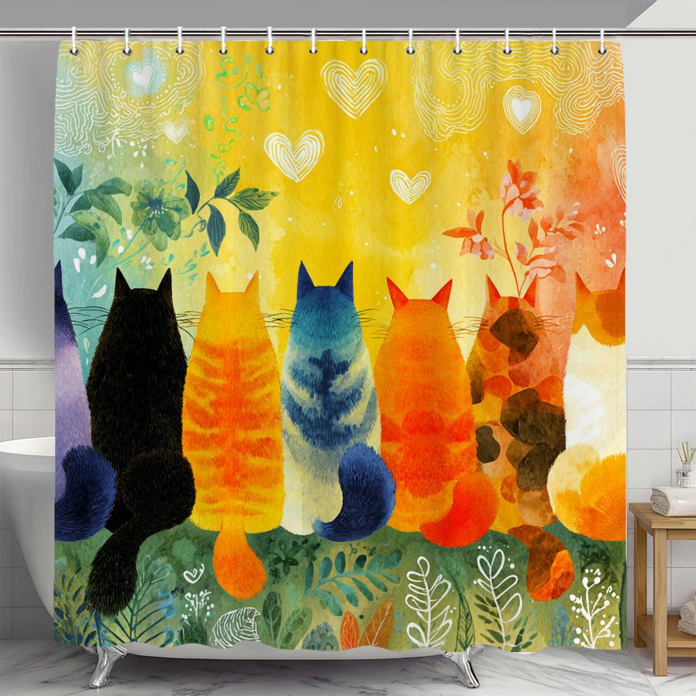 Watercolor Colorful Kitten Shower Curtain,Bathroom Decorative Shower Curtain, Printed Fabric Home Curtain With Hooks
