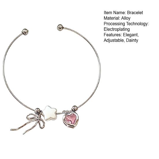 Bowknot Charm Bracelet Faux Gemstone Pink Heart Cuff Bracelet Adjustable Dainty Bracelet Elegant Wrist Jewelry for Girls Women