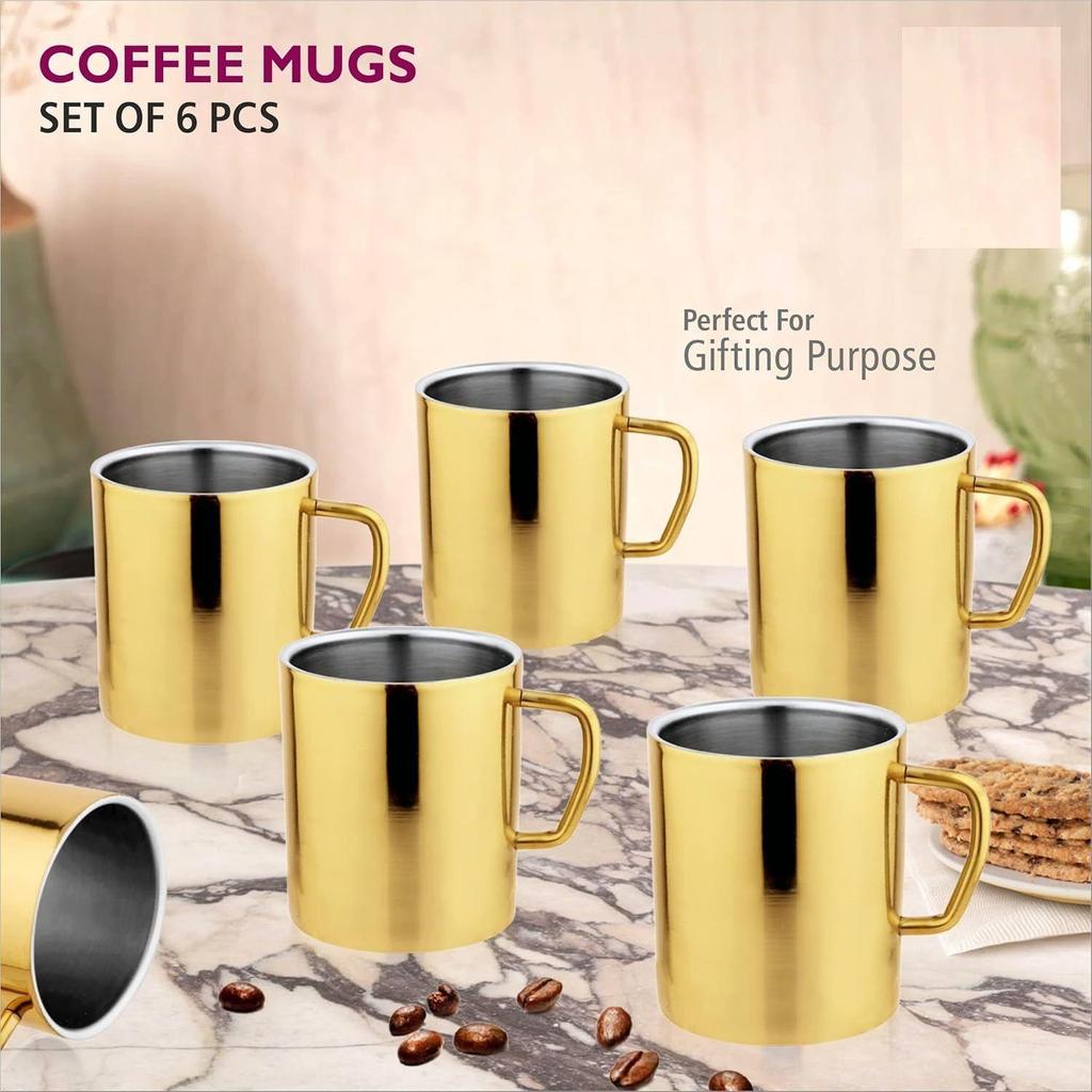 Nerezové hrnky na kávu - Dvojstěnné Bez BPA - Šálek na čaj Široké ucho - Zlatá barva