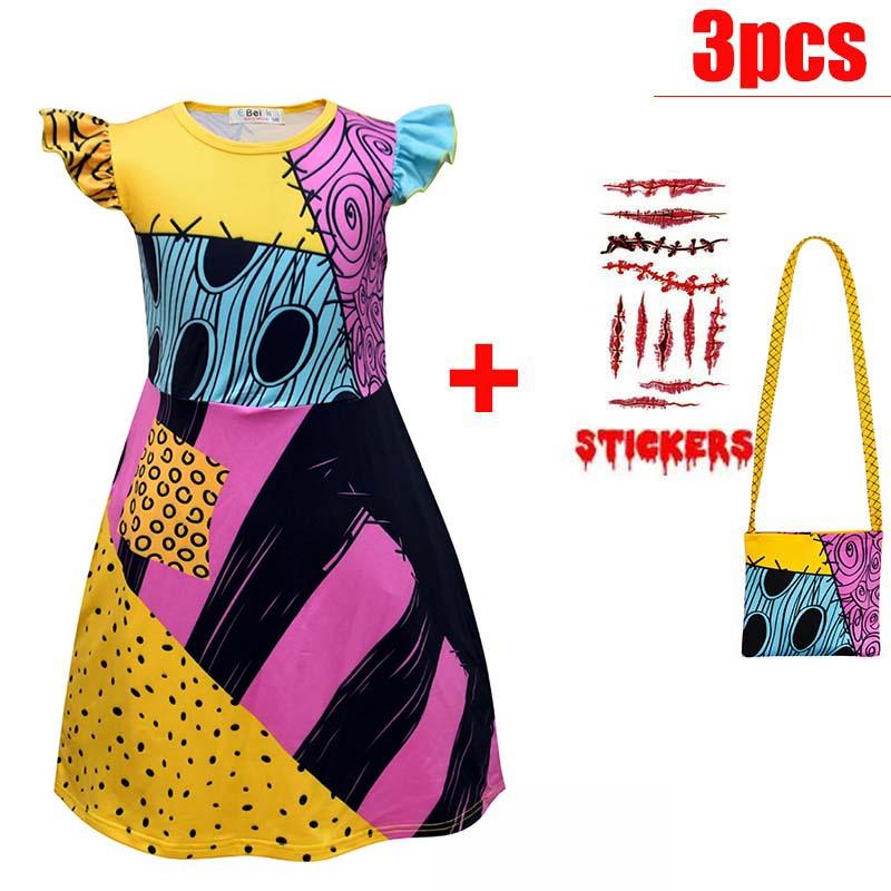 Kids Girls Boys Cosplay Christmas Eve Scary Ghost Bride Sally Skeleton Jack Dress Striped Halloween Character Dress Up Costume