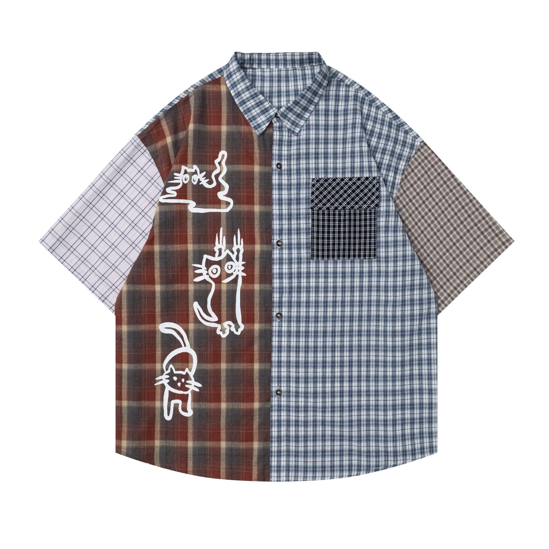 Retro contrasting plaid splicing shirt short sleeve new summer vintage ins trendy personalized shirt men and women S