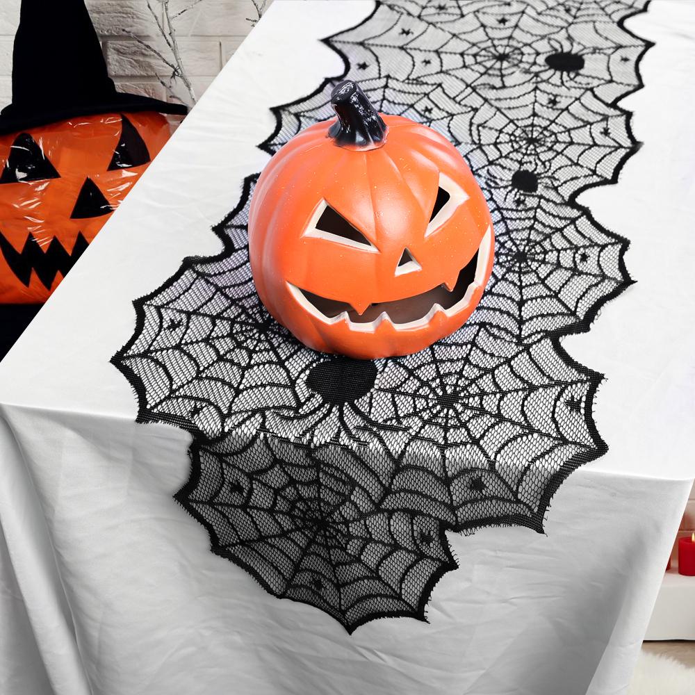 Hallowen Fledermaus Spinnennetz Tischläufer Türvorhang Spitze Spinnwebe Kaminabdeckung Lampenschirm Perfekt für Gotische Halloween-Dekoration
