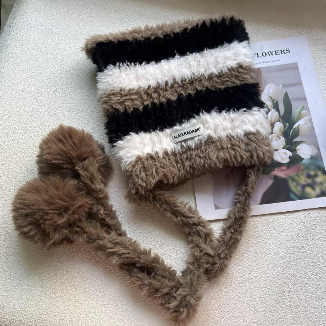 

Netroots Harajuku Wind Collision Смугаста плюшева вовняна шапка Осінь і зима Тепла й універсальна шапка з котячими вухами Шапка для захисту вух Жіноча шапка