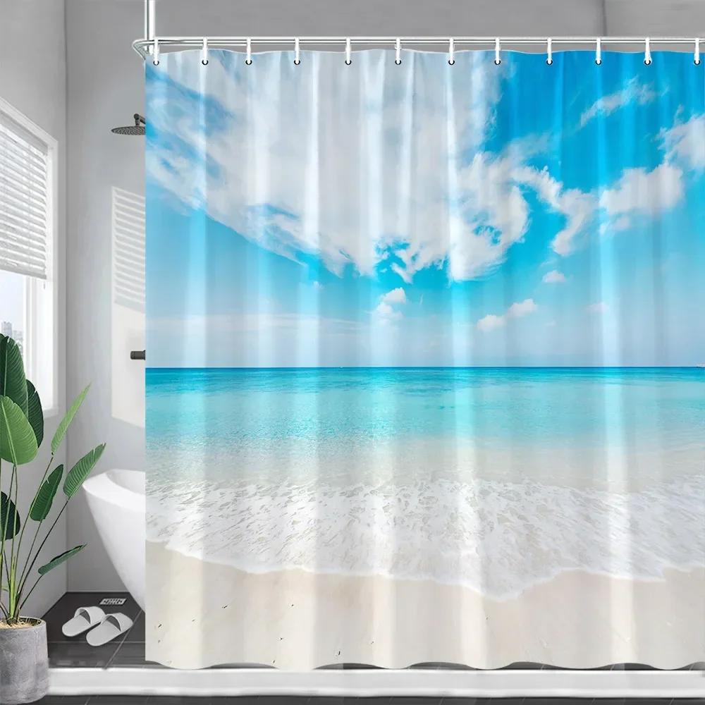 Ocean Landscape Shower Curtains Beach Coconut Tree Dolphin Sea Waves Summer Nature Scenery Bath Curtain Cloth Bathroom Decor Set
