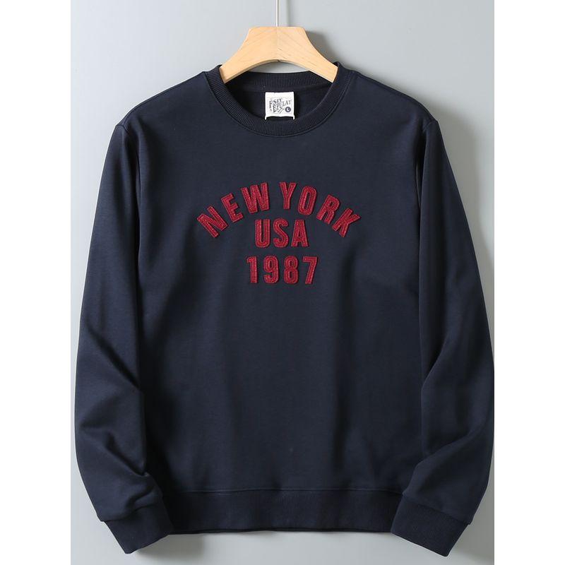 Export Surplus American Retro Solid Color Patchwork Embroidered Versatile Skin-Friendly Loose Round Neck Long Sleeve Pullover Sweatshirt for Men