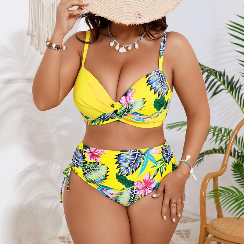 New fat woman large size hard bag drawstring floral split bikini women's swimsuit