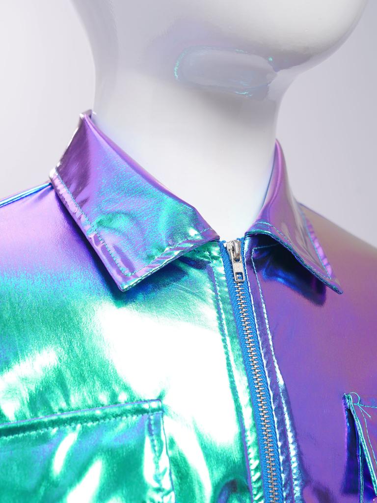 Unisex Kids Metallic Shiny Jacket Turn Down Collar Long Sleeve Flap Pockets Hip Hop Jazz Dance Outwear