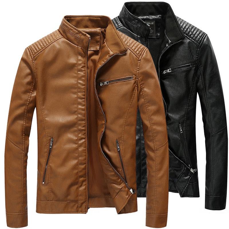 Casual Men Spring and Autumn Leather Jacket Washed Slim Leather Jacket Motorcycle Leather Jacket PU Leather Jackets for Men Slim Zip Jacket
